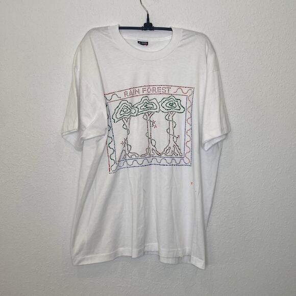 Hand Designed Vintage Rainforest Design Puffy Paint White Cotton Stretch T-Shirt - Picture 1 of 9